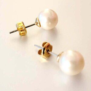 Vintage Stainless Steel Yellow Gold Pearl Earrings Studs